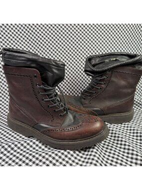 Prada Leather Combat Boots Brown Black Cap Toe Brogue Lace Up Mens 7 Womens 9.5